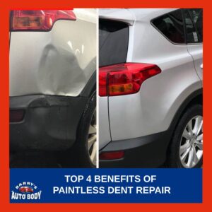 Technician performing Paintless Dent Repair on a car’s door panel.