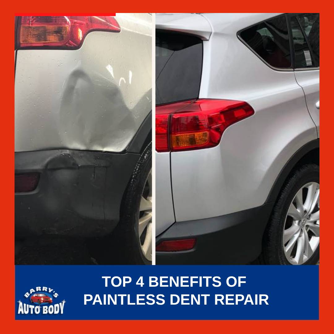 Technician performing Paintless Dent Repair on a car’s door panel.