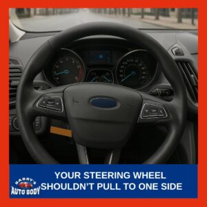 Car steering wheel slightly turned while driving straight on a city road, indicating alignment or suspension issue.