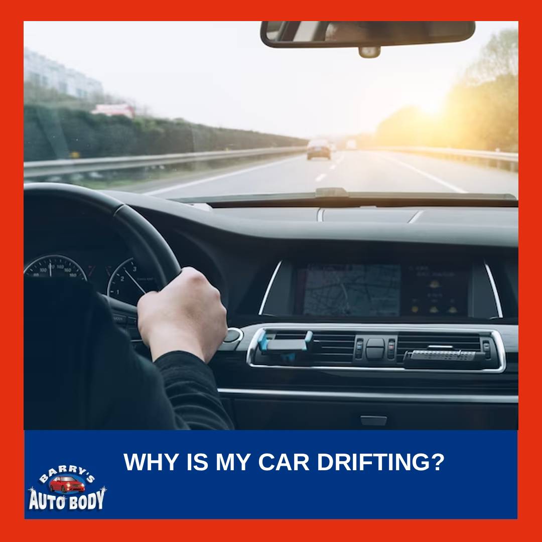 Car drifting slightly on a straight road, driver adjusting steering to stay centered.