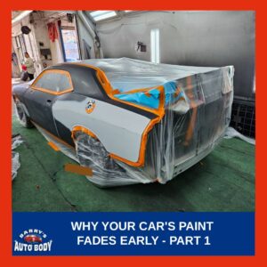 Faded car paint caused by UV exposure and environmental damage showing loss of clear coat and gloss
